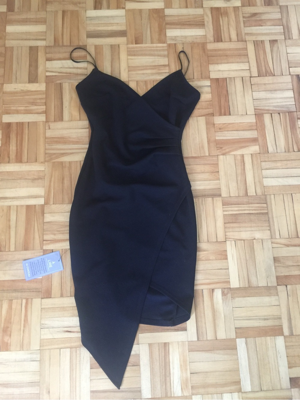 Le Chateau Black Asymmetrical Slip Dress with Spaghetti Straps